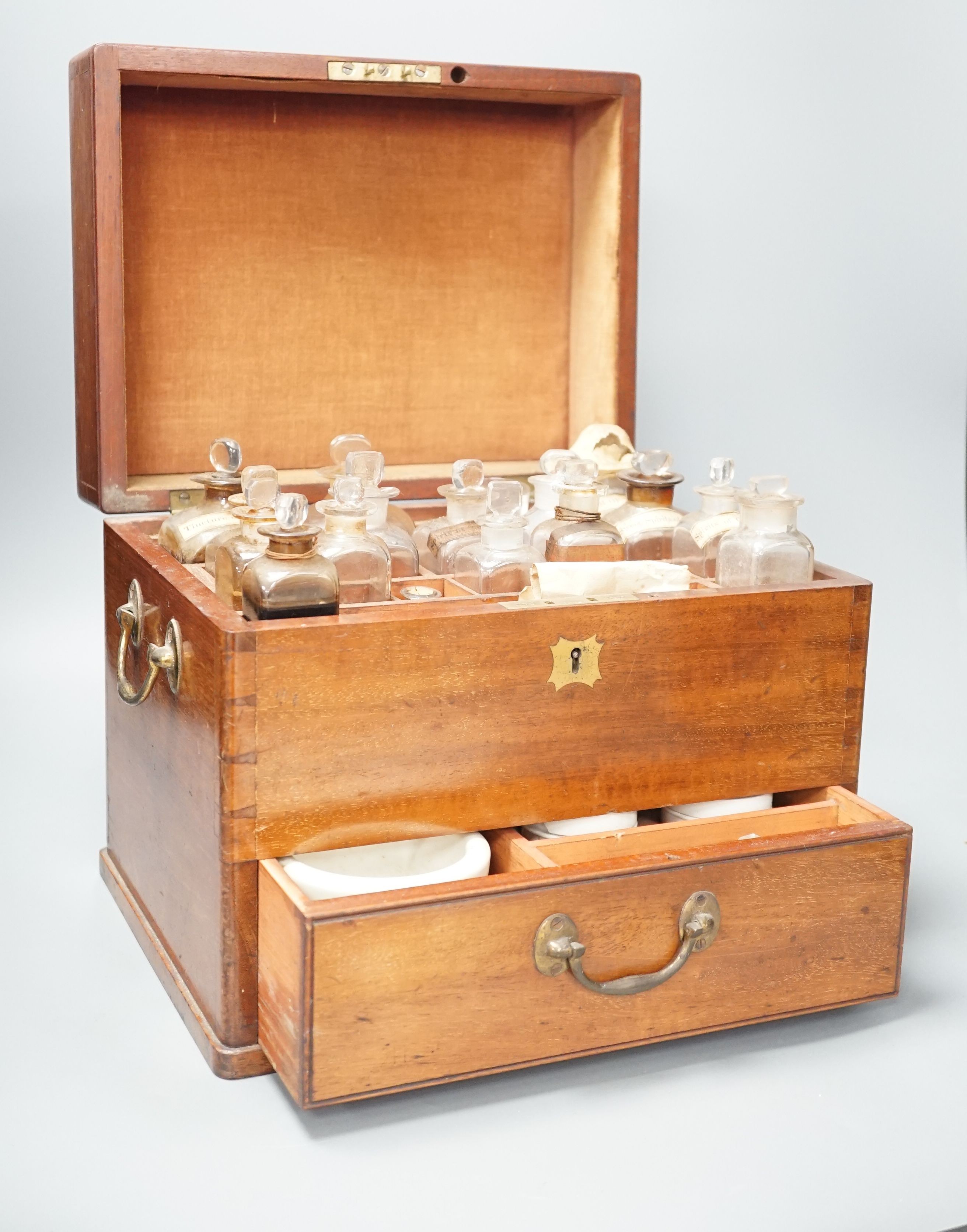 A Victorian mahogany apothecary box and contents, 32 cm wide